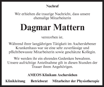 Traueranzeige von Dagmar Mattern von Super Sonntag Aschersleben