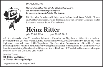 Traueranzeige von Heinz Ritter von WVG - Wochenspiegel Merseburg