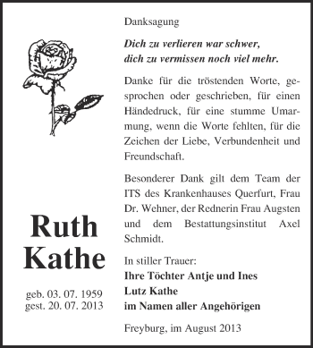 Traueranzeige von Ruth Kathe von WVG - Wochenspiegel NMB / WSF / ZTZ
