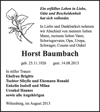 Traueranzeige von Horst Baumbach von Super Sonntag Wittenberg