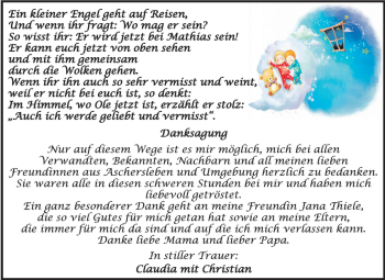 Traueranzeige von Danksagung  von WVG - Wochenspiegel Aschersleben