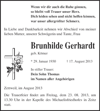 Traueranzeige von Brunhilde Gerhardt von WVG - Wochenspiegel NMB / WSF / ZTZ