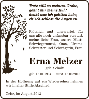 Traueranzeige von Erna Melzer von Super Sonntag Zeitz