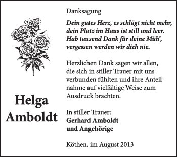 Traueranzeige von Helga Amboldt von Super Sonntag Dessau / Köthen