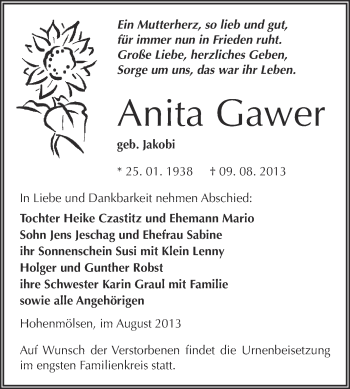 Traueranzeige von Anita Gawer von WVG - Wochenspiegel NMB / WSF / ZTZ