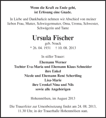 Traueranzeige von Ursula Fischer von WVG - Wochenspiegel NMB / WSF / ZTZ