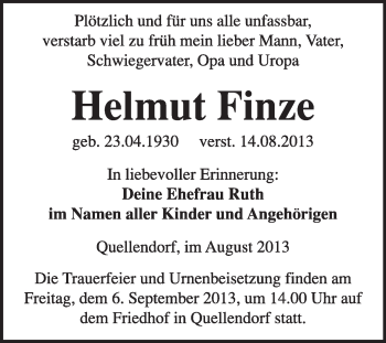 Traueranzeige von Helmut Finze von Super Sonntag Dessau / Köthen