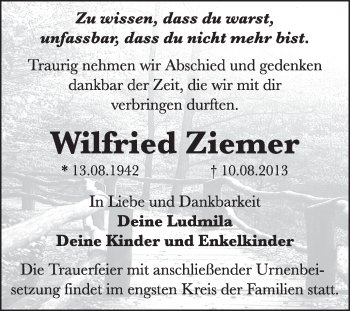 Traueranzeige von Wilfried Ziemer von Super Sonntag Dessau / Köthen