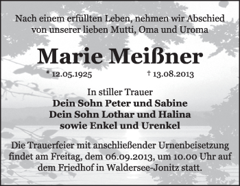 Traueranzeige von Marie Meißner von Super Sonntag Dessau / Köthen