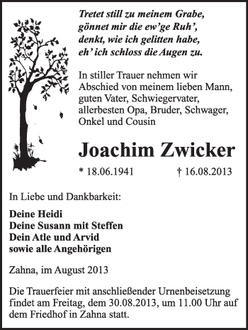 Traueranzeige von Joachim Zwicker von Super Sonntag Wittenberg