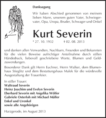 Traueranzeige von Kurt Severin von WVG - Wochenspiegel Quedlinburg
