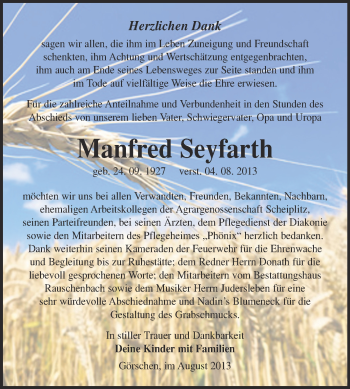 Traueranzeige von Manfred Seyfarth von WVG - Wochenspiegel NMB / WSF / ZTZ