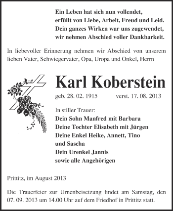 Traueranzeige von Karl Koberstein von WVG - Wochenspiegel NMB / WSF / ZTZ