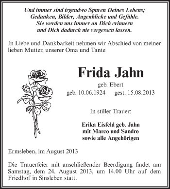 Traueranzeige von Frida Jahn von WVG - Wochenspiegel Aschersleben