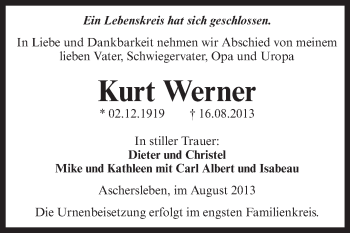 Traueranzeige von Kurt Werner von WVG - Wochenspiegel Aschersleben
