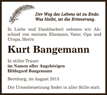Traueranzeige von Kurt Bangemann von Super Sonntag Bernburg