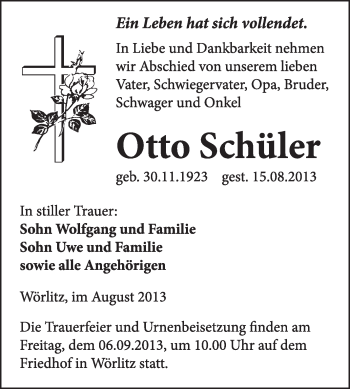 Traueranzeige von Otto Schüler von WVG - Wochenspiegel Wittenberg