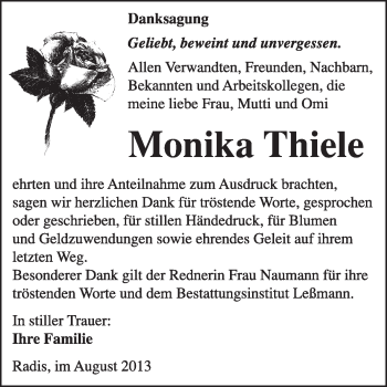 Traueranzeige von Monika Thiele von WVG - Wochenspiegel Wittenberg