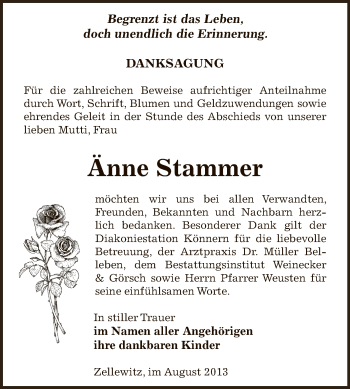 Traueranzeige von Änne Stammer von Super Sonntag Bernburg