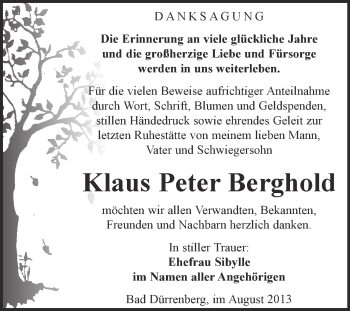 Traueranzeige von Klaus Peter Berghold von Super Sonntag Merseburg