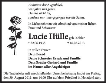 Traueranzeige von Lucie Hülle von WVG - Wochenspiegel Wittenberg