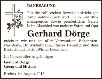 Traueranzeige von Gerhard Dörge von WVG - Wochenspiegel Bitterfeld