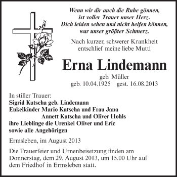 Traueranzeige von Erna Lindemann von Super Sonntag Aschersleben