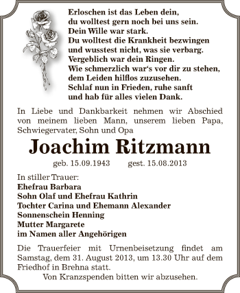 Traueranzeige von Joachim Ritzmann von WVG - Wochenspiegel Bitterfeld