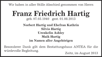 Traueranzeige von Franz Friedrich Hartig von Super Sonntag Zeitz