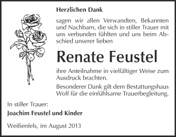 Traueranzeige von Renate Feustel von WVG - Wochenspiegel NMB / WSF / ZTZ
