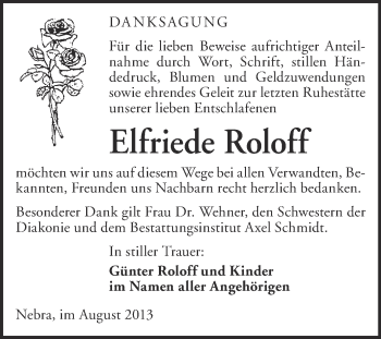 Traueranzeige von Elfriede Roloff von WVG - Wochenspiegel NMB / WSF / ZTZ
