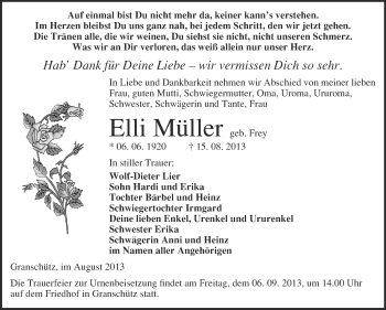 Traueranzeige von Elli Müller von WVG - Wochenspiegel NMB / WSF / ZTZ