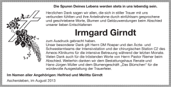Traueranzeige von Irmgard Girndt von WVG - Wochenspiegel Aschersleben