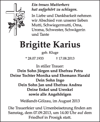 Traueranzeige von Brigiite Karius von Super Sonntag Dessau / Köthen