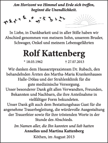Traueranzeige von Rolf Kattenberg von Super Sonntag Dessau / Köthen
