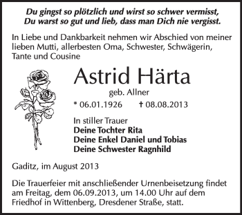 Traueranzeige von Astrid Härta von WVG - Wochenspiegel Wittenberg