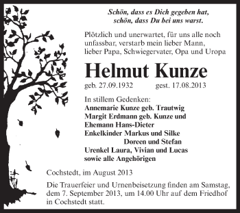 Traueranzeige von Helmut Kunze von WVG - Wochenspiegel Aschersleben