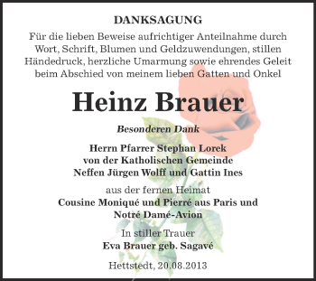 Traueranzeige von Heinz Brauer von Wochenspiegel Mansfelder Land