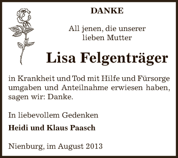 Traueranzeige von Lisa Felgenträger von Super Sonntag Bernburg