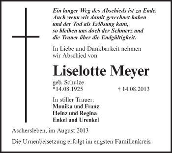 Traueranzeige von Liselotte Meyer von Super Sonntag Aschersleben