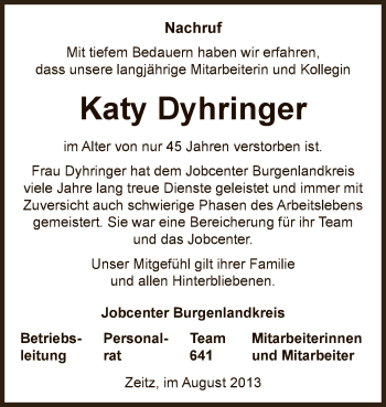 Traueranzeige von Katy Dyhringer von Super Sonntag Zeitz