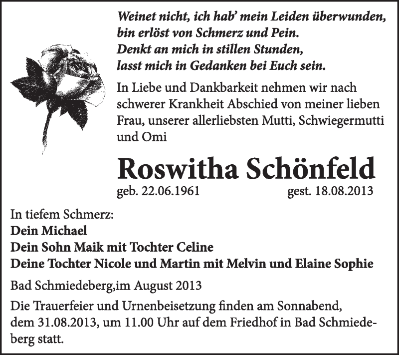  Traueranzeige für Roswitha Schönfeld vom 25.08.2013 aus WVG - Wochenspiegel Wittenberg