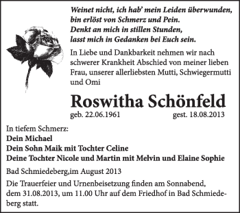 Traueranzeige von Roswitha Schönfeld von WVG - Wochenspiegel Wittenberg