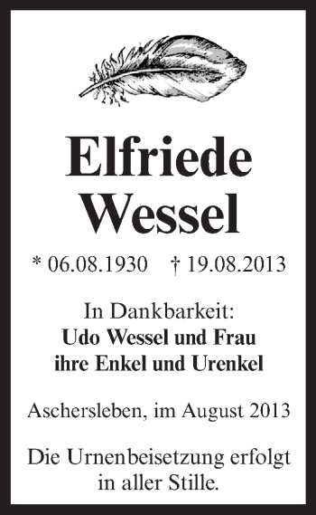 Traueranzeige von Elfriede Wessel von Super Sonntag Aschersleben
