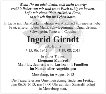 Traueranzeige von Ingrid Girndt von WVG - Wochenspiegel Merseburg