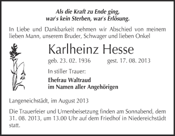 Traueranzeige von Karlheinz Hesse von WVG - Wochenspiegel Merseburg