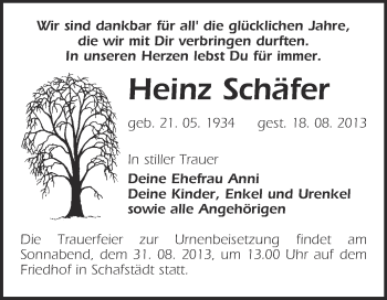 Traueranzeige von Heinz Schäfer von Super Sonntag Merseburg