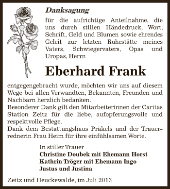 Traueranzeige von Eberhard Frank von Super Sonntag Zeitz