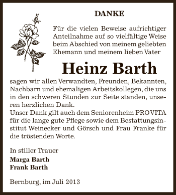 Traueranzeige von Heinz Barth von Super Sonntag Bernburg
