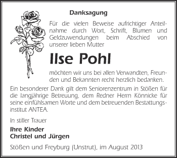 Traueranzeige von Ilse Pohl von WVG - Wochenspiegel NMB / WSF / ZTZ